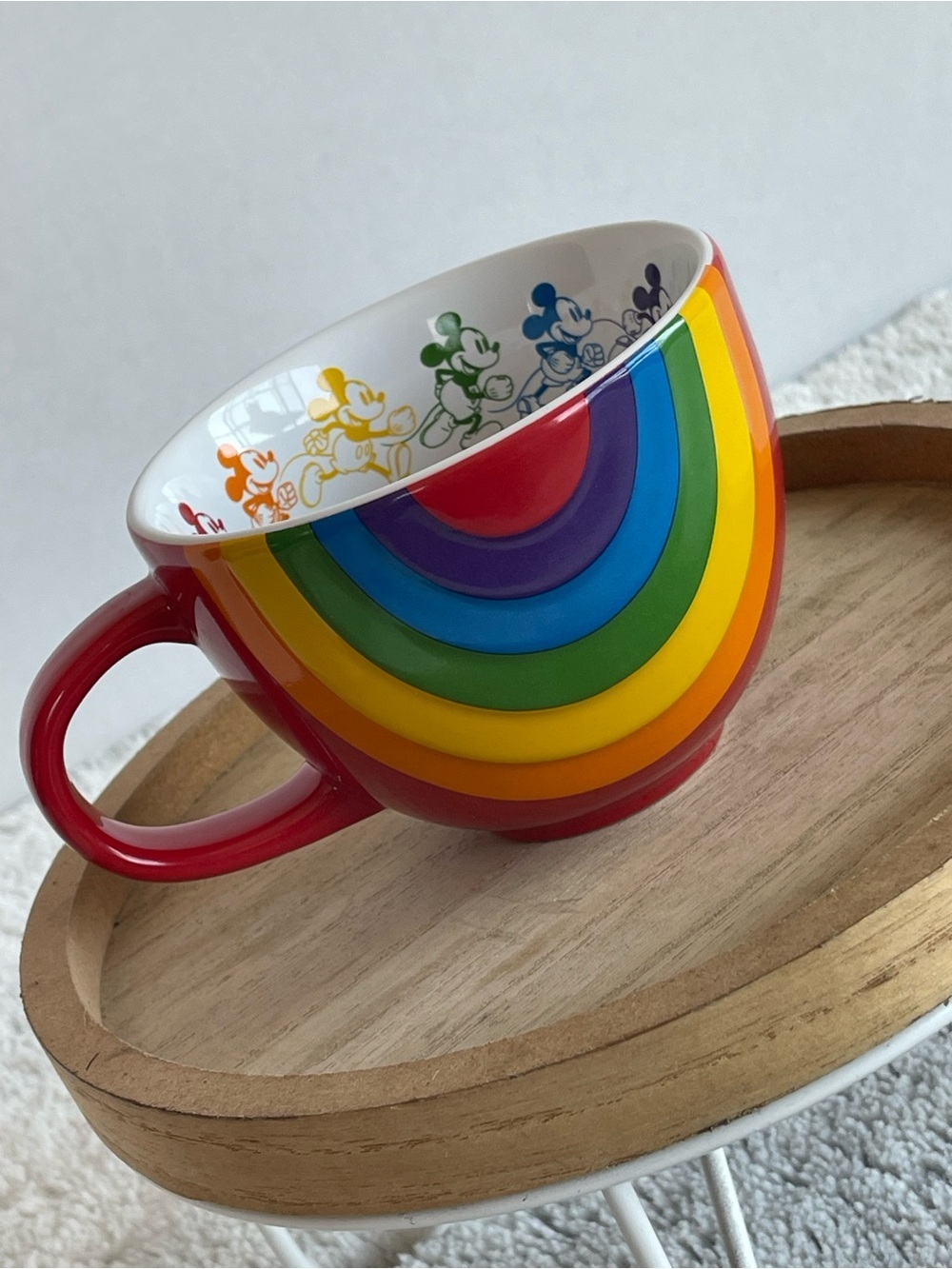 Disney Rainbow Mickey Mug - Red Exterior with Multicolor Stripes